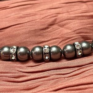 Elegant Gray Faux Pearl Necklace with Rhinestone Accents - 925 sterling silver